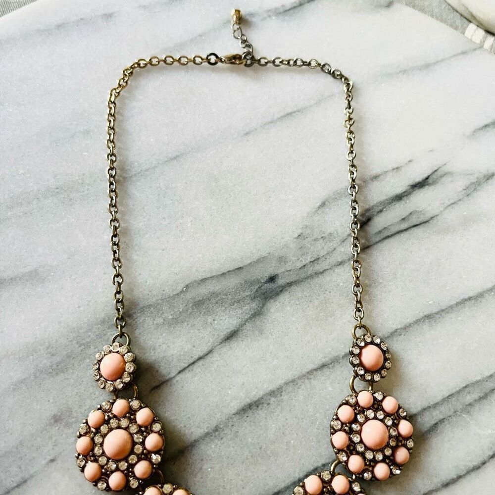 Pink Statement Necklace Antique Gold Toned Chain Bib Round Ornate Style - Picture 5 of 8